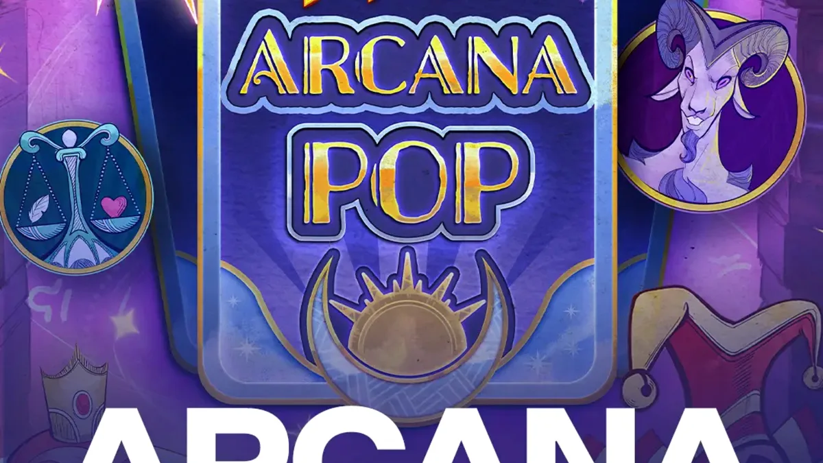 Tampilan visual slot Arcana Pop dengan tema tarot dan simbol mistis